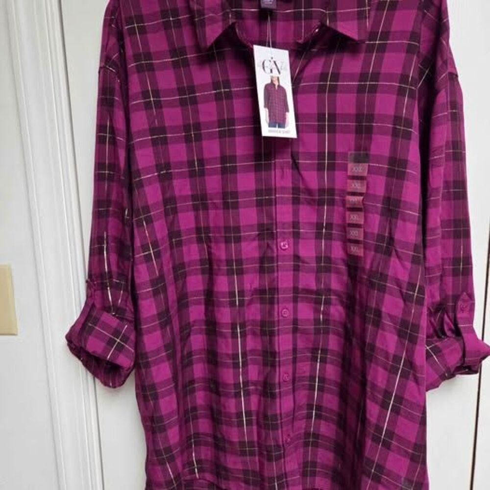 Gloria Vanderbilt womens XXL Fushia with gold plaid tunic button down shirt new